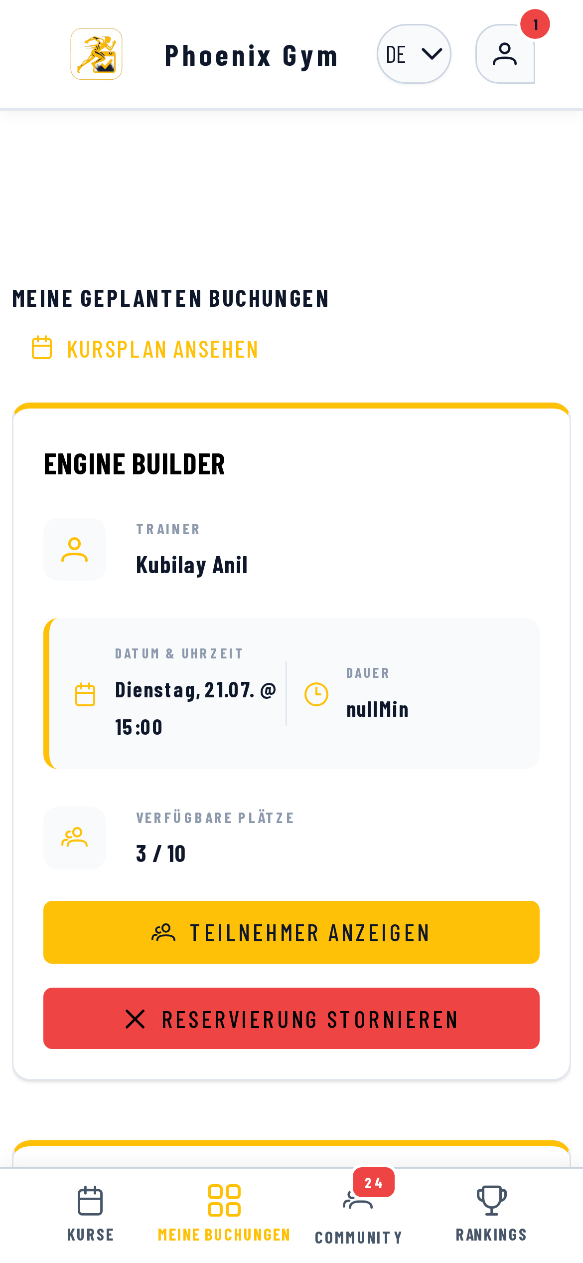 BooklyFit Mitglieder-Buchungsübersicht