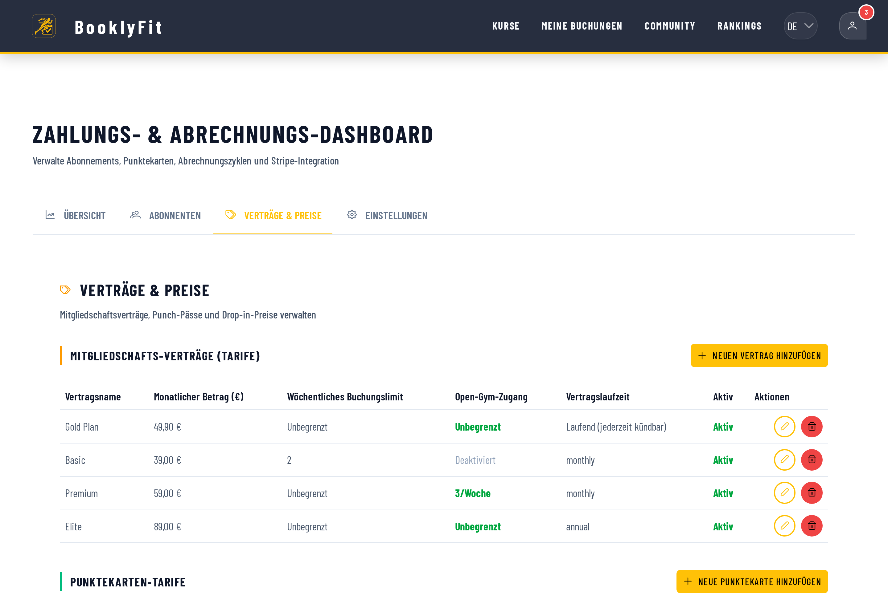 BooklyFit Verträge & Preise mit mehreren Mitgliedschaftsstufen