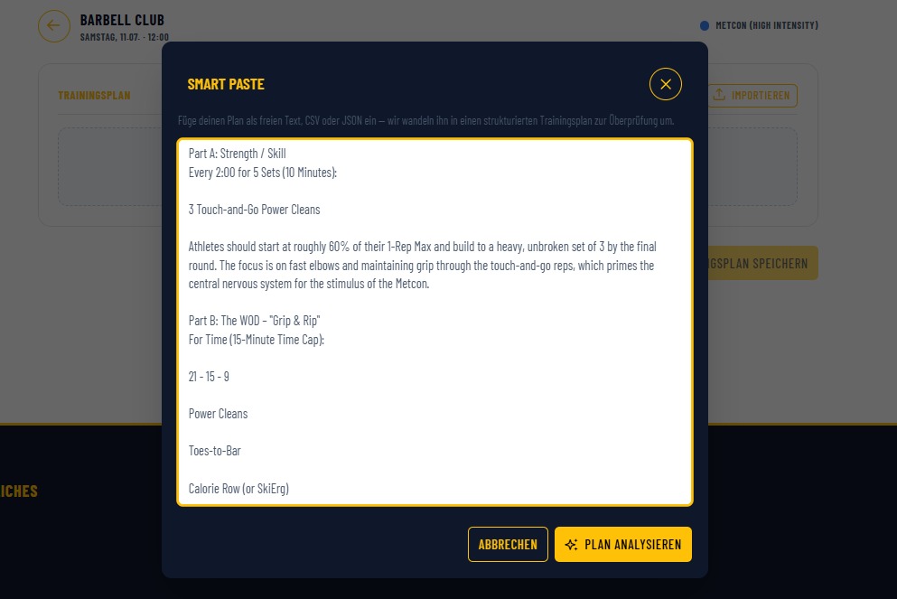 Einfügen einer Trainingsplan-Beschreibung in Smart Paste