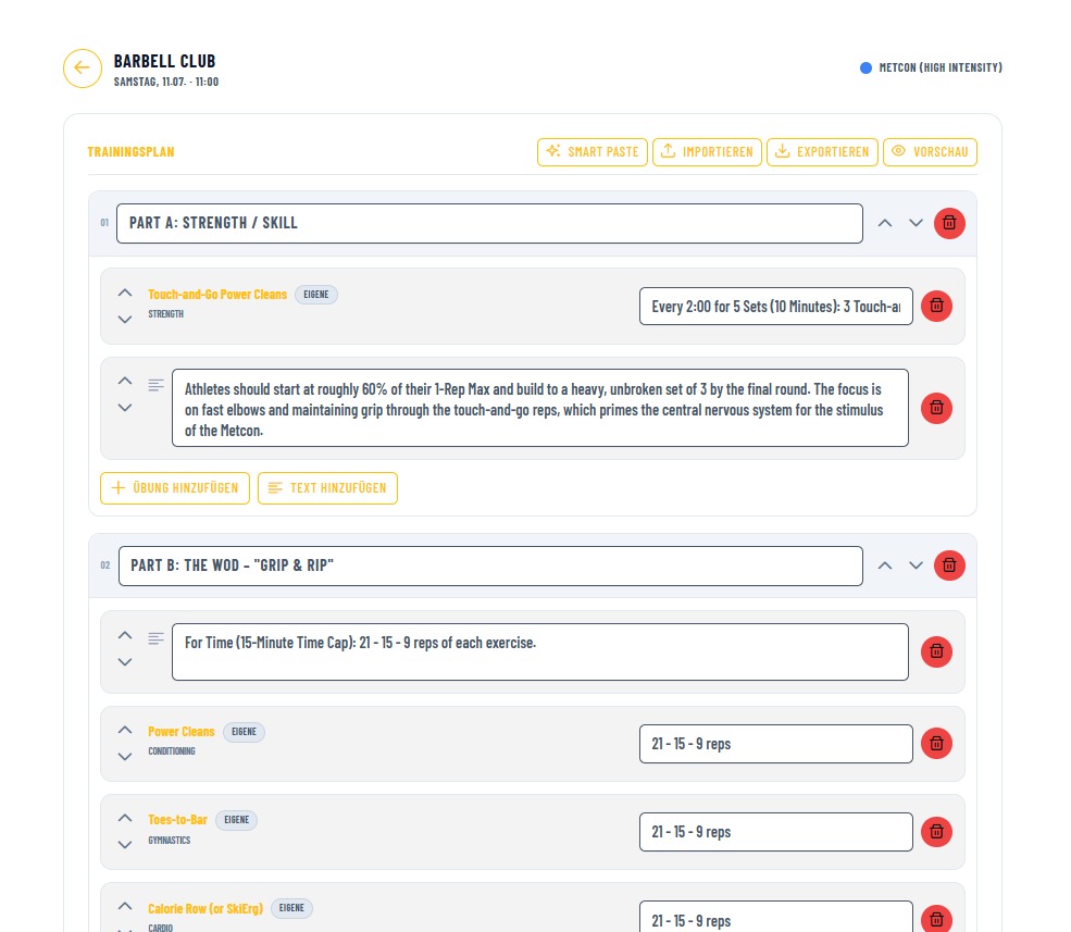 Smart-Paste-Ergebnis im bearbeitbaren Trainingsplan-Editor