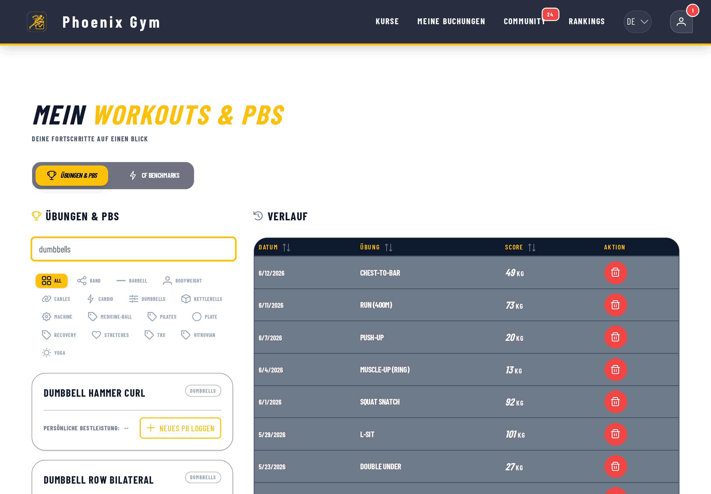 Workouts Suche und Filter Ansicht